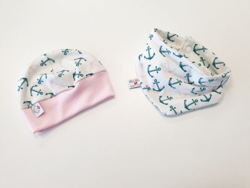 Atelier MiaMia Beanie Set Hat and Scarf Baby Anchor Pink Mint No. 250