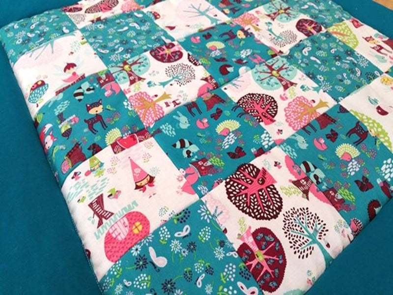 Atelier MiaMia blanket patchwork forest animals trees green blue with embroidery 31