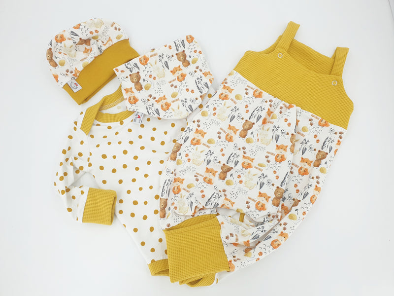 Atelier MiaMia romper short and long also as baby set bear micro waffle mustard yellow 408