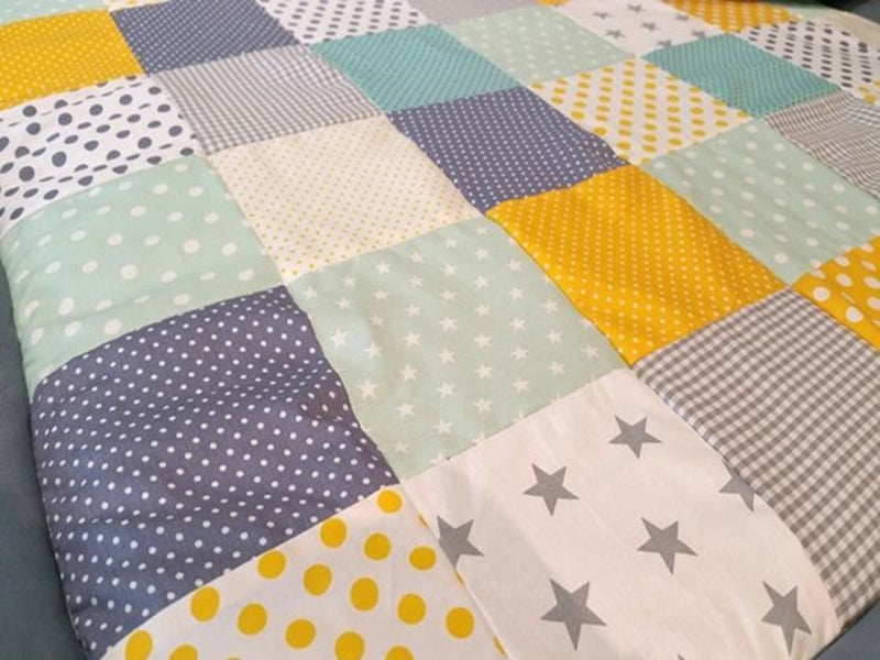 Atelier MiaMia blanket patchwork dots stars yellow turquoise with embroidery 5