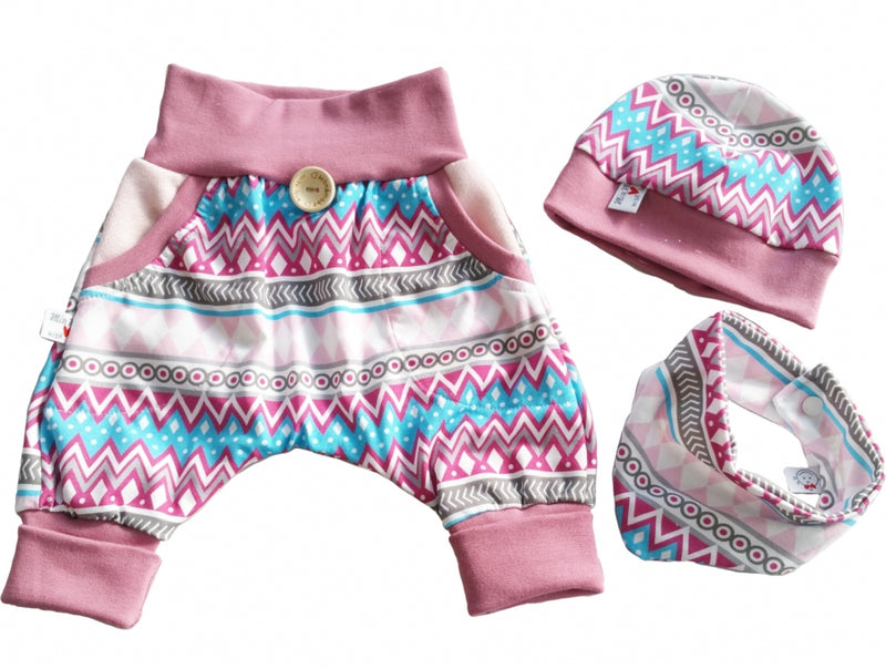 Atelier MiaMia Cool bloomers or baby set short and long zigzag blue old pink 60