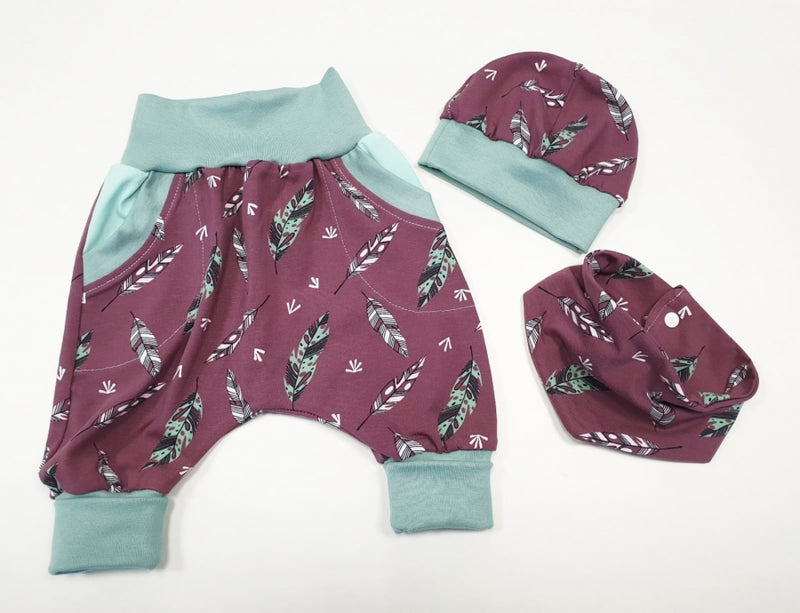 Atelier MiaMia Cool bloomers or baby set short and long feathers Bordeaux Darkmint 68