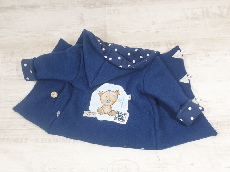 Atelier MiaMia - Walk - hooded jacket baby child size 50-140 jacket limited !! boiled wool jacket dark blue teddy bear J35