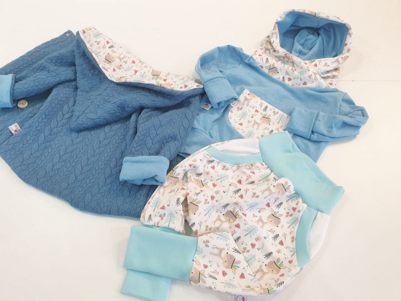 Atelier MiaMia - Hoodie baby child from 44-122 short or long sleeve Blue forest animals