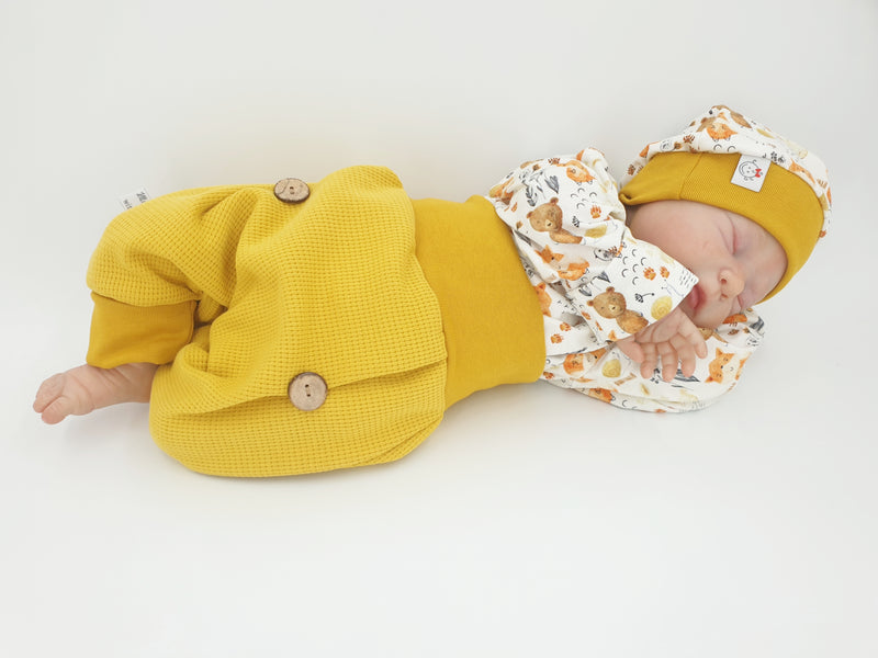 Atelier MiaMia Cool bloomers or baby set button pants waffle jersey mustard yellow 116
