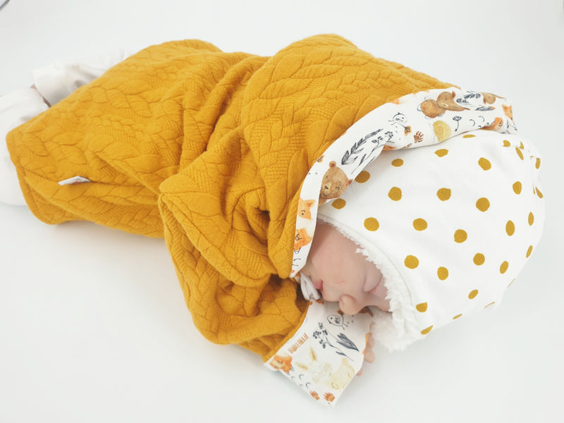 Atelier MiaMia - giacca con cappuccio bambino bambino taglia 50-140 giacca a trecce limitata !! animali della foresta giallo senape