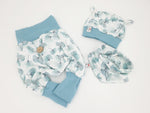 Atelier MiaMia Cool bloomers or baby set short and long leaves aqua