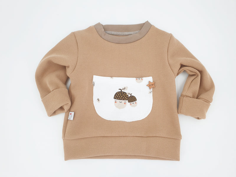 Atelier MiaMia - hoodie pullover waffle jersey beige acorns baby child from 44-140 short or long-sleeved designer limited !!