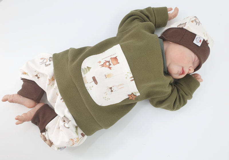 Atelier MiaMia - hoodie sweater waffle jersey olive forest animals nature baby child from 44-140 short or long-sleeved designer limited !!