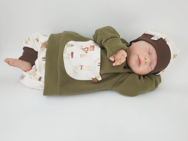 Hoodie Pullover Waffeljersey olive Waldtiere Natur Baby Kind ab 44-140 kurz oder langarm  Designer Limitiert !! von Atelier MiaMia