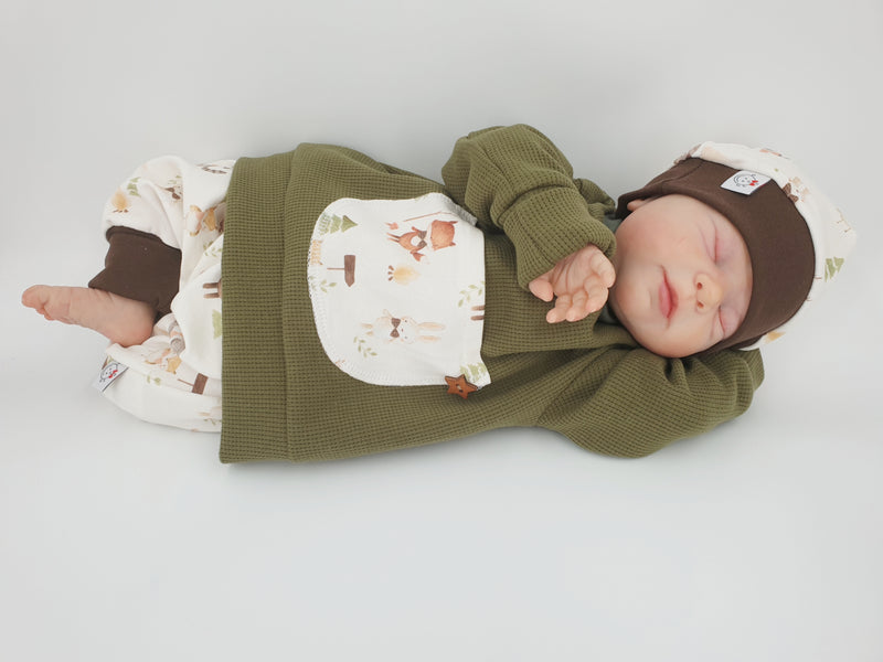 Hoodie Pullover Waffeljersey olive Waldtiere Natur Baby Kind ab 44-140 kurz oder langarm  Designer Limitiert !! von Atelier MiaMia