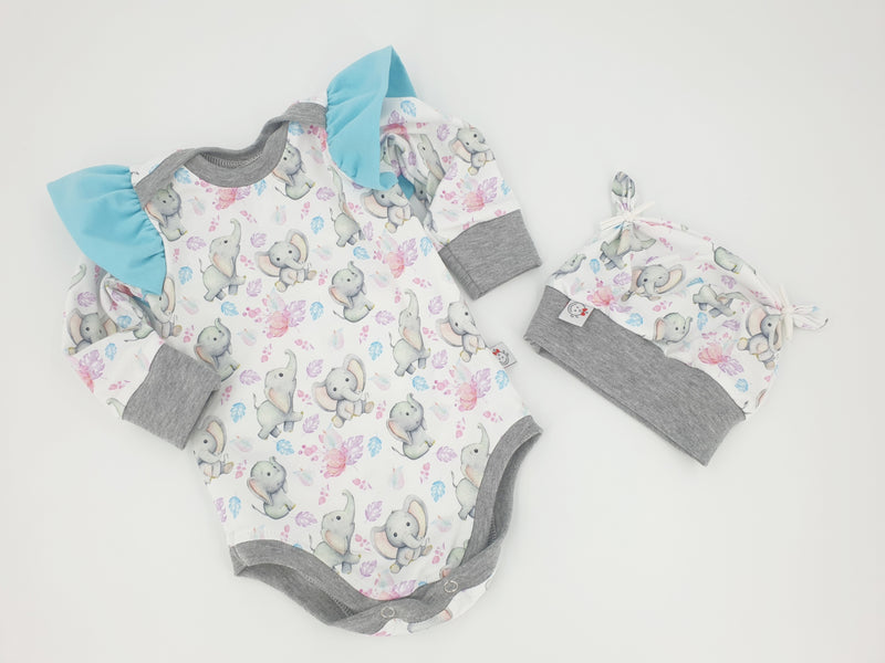Atelier MiaMia body with short and long sleeves also as a baby set elephants blue ruffles 29