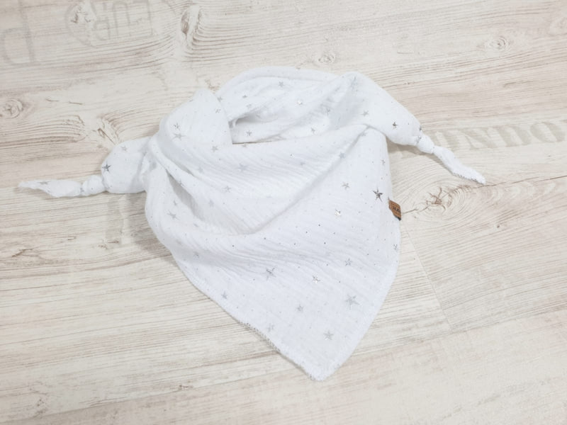 Atelier MiaMia - foulard in mussola sciarpa triangolare bianco grigio stelle // 15